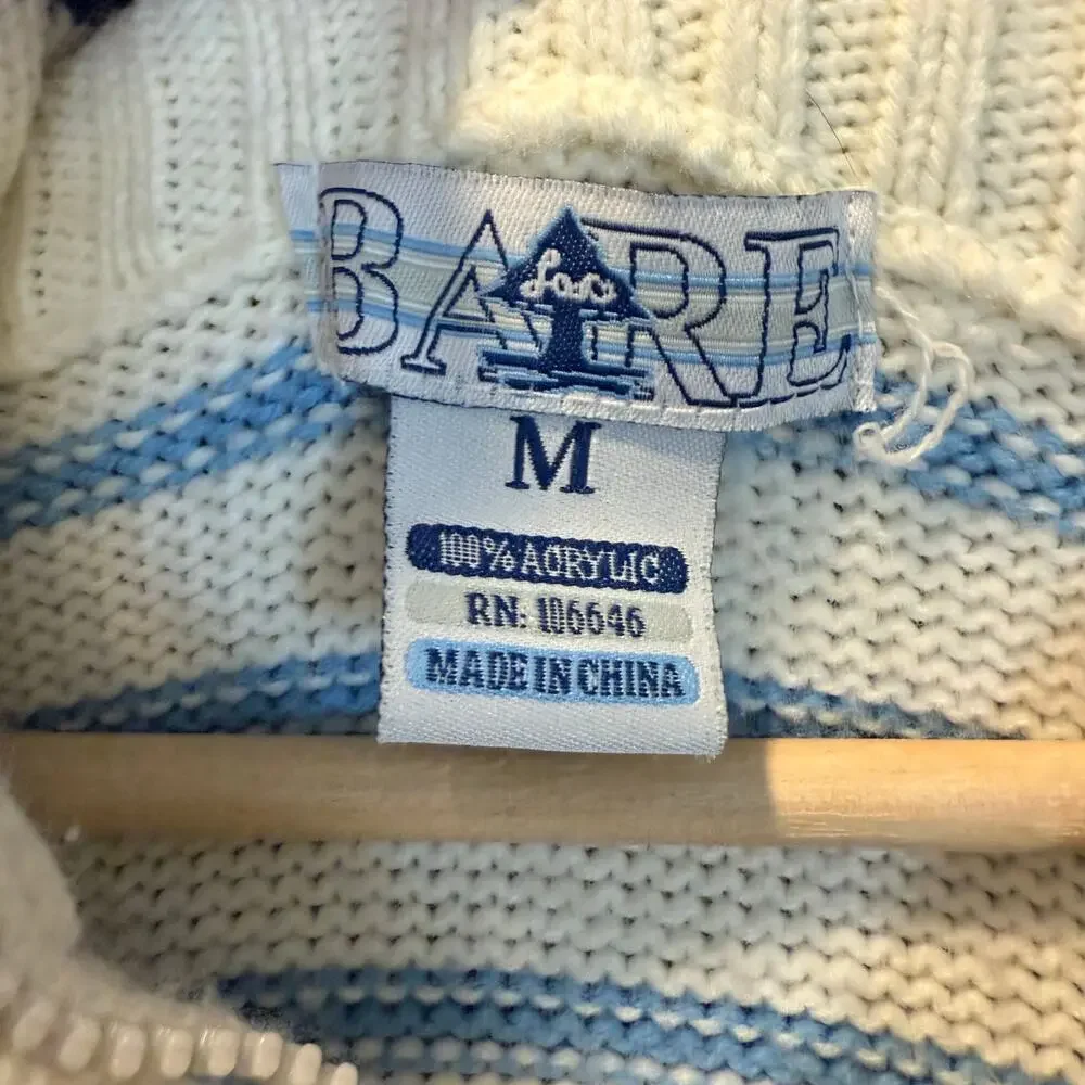 Vintage Bare Fox Blue White Stripe Pullover Ski Sweater M Medium 1/4 Zip